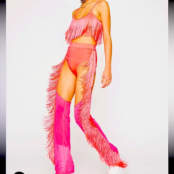 Neon cowboy fringe chaps and crop top  costume size Small - Picture 2 of 8